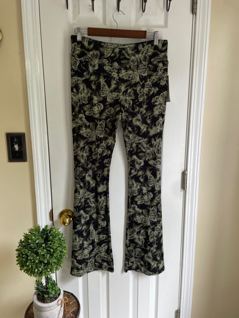 No Boundaries Black and Olive Green Butterfly Y2K Print Flare Pants